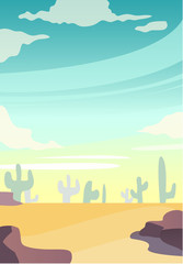 Cartoon nature sand desert landscape with cactuses and rocks. Vector game style illustration. Morning landscapes.