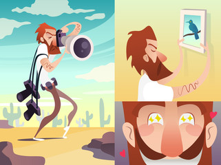Red Photographer Cartoon Hunter in Desert. Vector illustration. story сomics