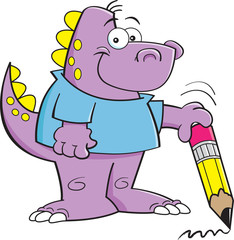 Cartoon dinosaur holding a pencil.