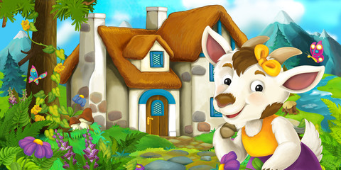 Cartoon scene with goat near village house - illustration for children