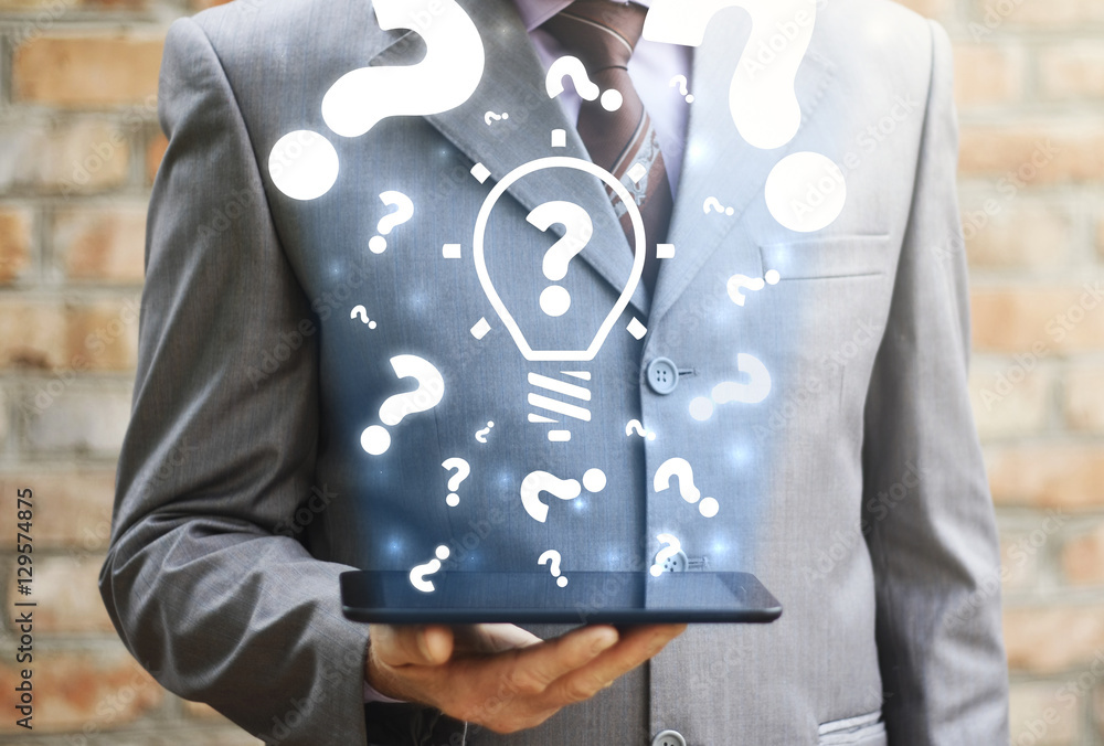 Poster businessman holding tablet computer with lightbulb question cloud question mark. idea faq support qu