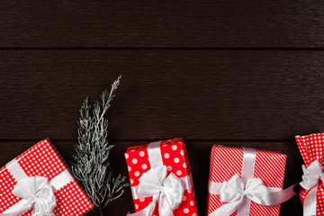 Obraz premium Holiday red christmas gift box background, Top view celebrate
