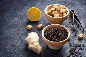Ingredients for sweet tea with lemon and ginger. copy space