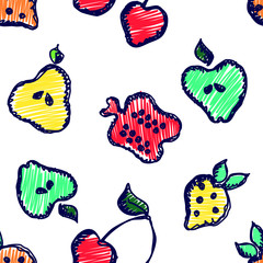 Seamless vector pattern with cute childish hand drawn  fruits Colorful doodle background with line drawing sketch apple, pear, strawberry. cherry, berry. pomegranate Graphic repeat doodle illustration