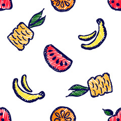 Seamless vector pattern with cute childish hand drawn  fruits Colorful doodle background with line drawing sketch pineapple, banana, watermelon. orange, strawberry. Graphic repeat doodle illustration