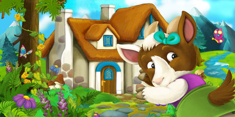 Cartoon scene with goat near village house - illustration for children
