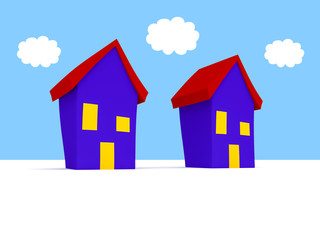 Cartoon Houses With Cloudy Sky, 3d illustration