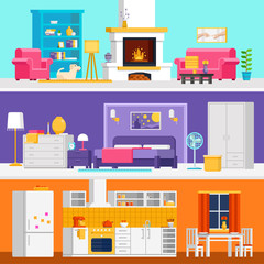 Three colorful flat rooms vector illustrations to infographic and banner design. Living room, bedroom, kitchen with interior design and furniture vector flat.