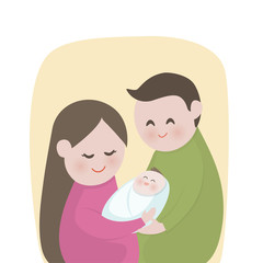Happy family with cute new born baby, New parents holding , mother, father, Vector illustration