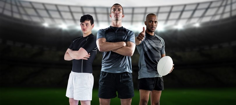 Composite image of tough rugby players 3D