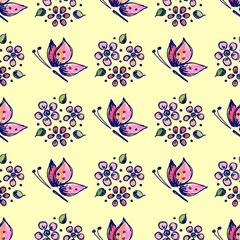 Seamless vector hand drawn seamless floral pattern with insect. Colorful Background with flowers and butterfly. Decorative cute graphic drawn illustration.