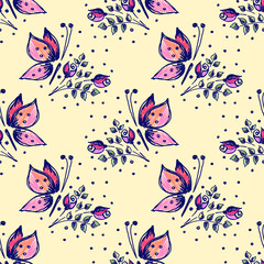 Seamless vector hand drawn seamless floral pattern with insect. Yellow Background with flowers and butterfly. Decorative cute graphic drawn illustration.