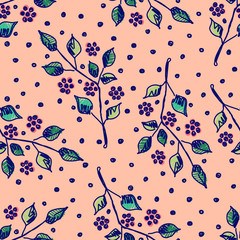Seamless vector hand drawn seamless floral  pattern. Pink Background with flowers, leaves. Decorative cute graphic drawn illustration.