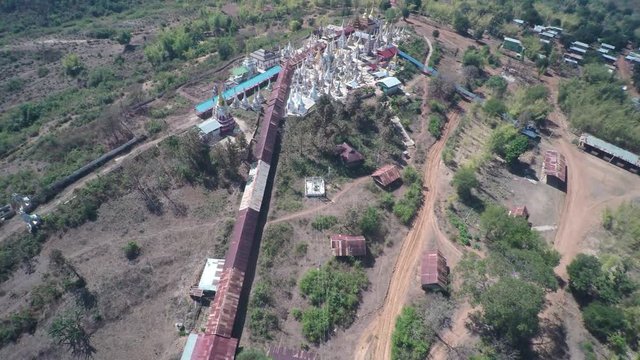Aerial view on Shwe Inn Thein Paya temple complex near Inle Lake in central Myanmar (Burma), 4k
