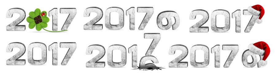 2017 silvester new years eve concrete stone number set lettering with four leaf clover santa hat and ladybug isolated on white background 