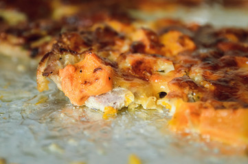 meat baked with cheese in the oven on a baking sheet covered with foil