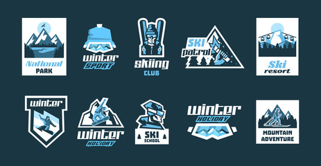 Set of logos on the theme of winter sports. Collection of posters, labels, icons, stamps. Active lifestyle. Snowboarder, skier, equipment, ski goggles. Ski Patrol, winter landscape, mountains, forest.