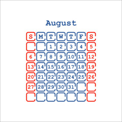 Vector August 2017 month calendar. Week Starts on Sunday