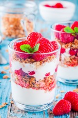 Healthy breakfast: yogurt parfait with granola and fresh raspberries