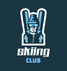 Logo Skiing Club. Label, stamp. The circle of like-minded. Man skier, goggles, helmet, backpack, skis. Sports lifestyle. Vector illustration