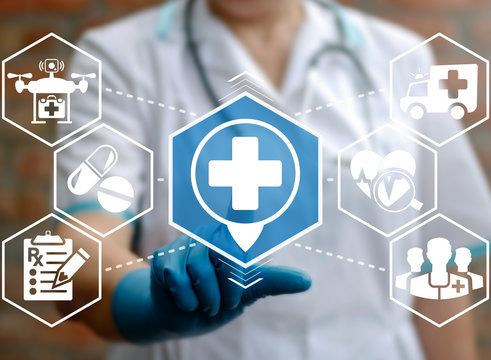 Doctor presses location plus button on virtual screen on background of cloud medical health care insurance medicine delivery treatment ambulance emergency icon. Internet online support pill rx concept
