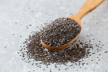 Chia seeds in a wooden spoon. Superfood, healthy concept