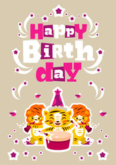 Greeting card happy birthday. Designed for printing invitations, wishes. Music Orchestra. Tiger plays the drum, lion playing the flute. Sprockets, fireworks. Vector illustration