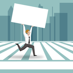 Businessman running across Zebra Crossing and hold blank paper