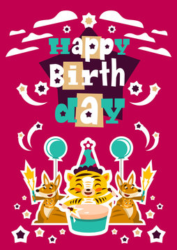 Greeting card happy birthday. Designed for printing invitations, wishes. Lion Drumming. Kangaroo and her baby. Squib. Balloon explosion, fireworks, stars. Vector illustration