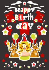 Greeting card happy birthday. Designed for printing invitations, wishes. Lion Drumming. Kangaroo and her baby. Squib. Balloon explosion, fireworks, stars. Vector illustration