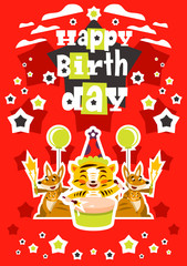 Greeting card happy birthday. Designed for printing invitations, wishes. Lion Drumming. Kangaroo and her baby. Squib. Balloon explosion, fireworks, stars. Vector illustration