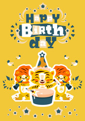 Greeting card happy birthday. Designed for printing invitations, wishes. Music Orchestra. Tiger plays the drum, lion playing the flute. Sprockets, fireworks. Vector illustration