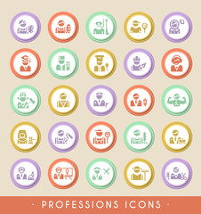 Set of Professions Icons on Circular Colored Buttons. Vector Isolated Elements.