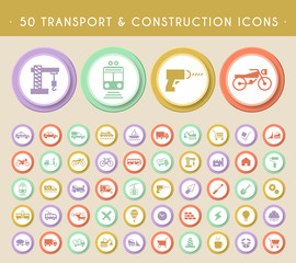 Set of 50 Transport and Construction Icons on Circular Colored Buttons. Vector Isolated Elements.