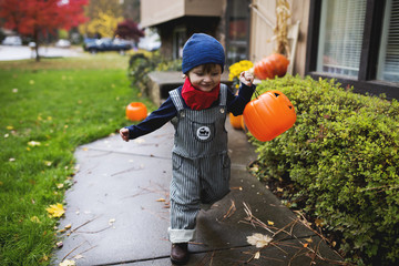 Boy with halloween bucket in garden 