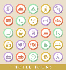 Set of Hotel Icons on Circular Colored Buttons. Vector Isolated Elements.