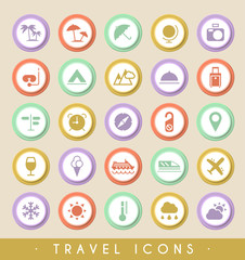 Set of Travel Icons on Circular Colored Buttons. Vector Isolated Elements.