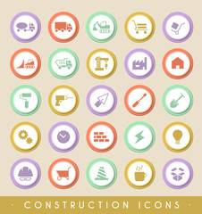 Set of Construction Icons on Circular Colored Buttons. Vector Isolated Elements.
