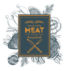 Design template for meat market. Menu label with meat meal. Hand-drawn vector illustration