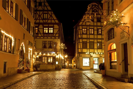Street View of Rothenburg ob der Tauber on Christmas. It is well known medieval old town, a destination for tourists from around the world.