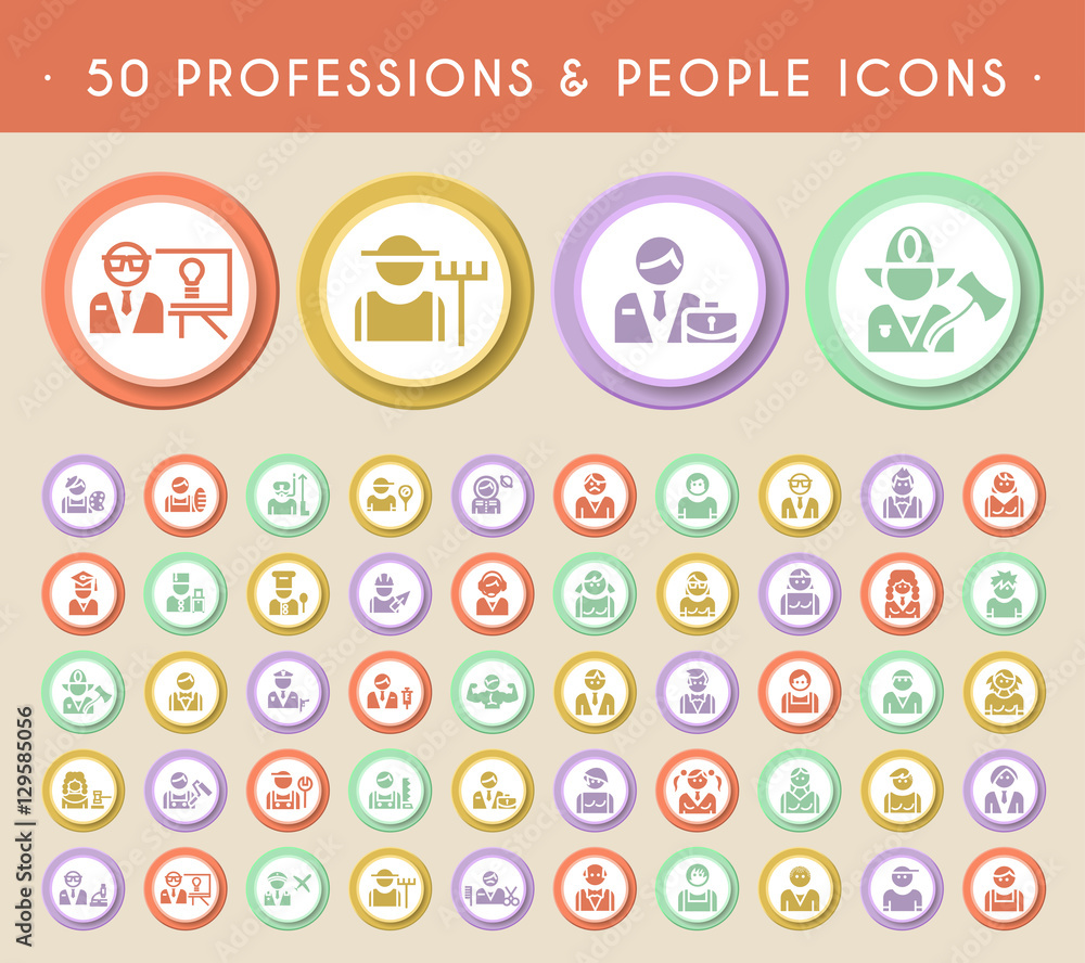 Poster set of 50 professions and people icons on circular colored buttons. vector isolated elements.