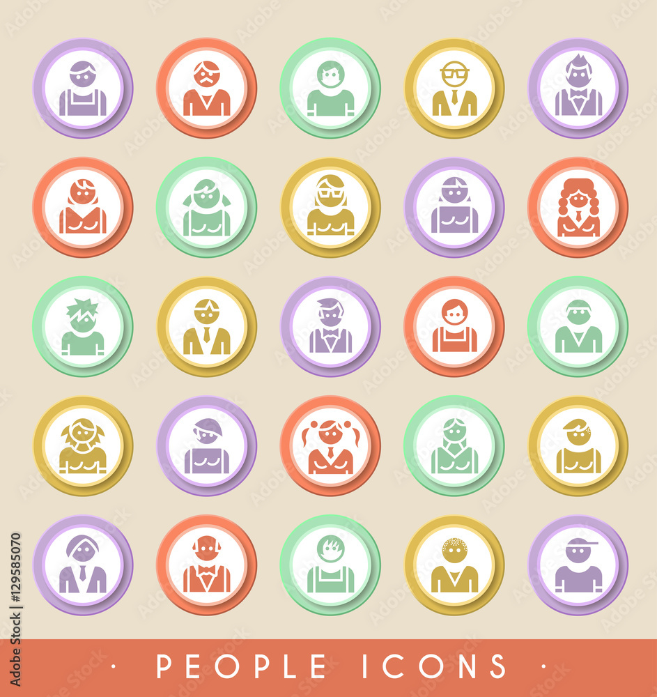 Poster set of people icons on circular colored buttons. vector isolated elements.