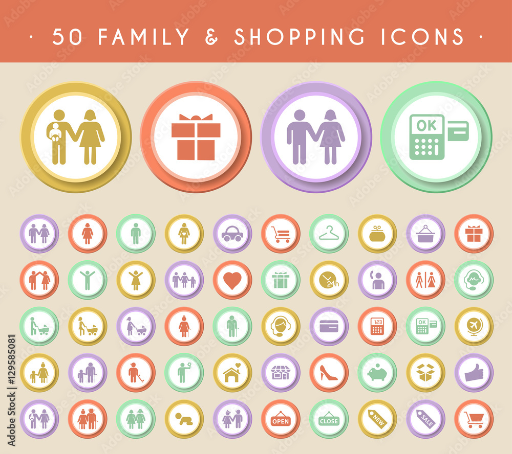 Poster Set of 50 Family and Shopping Icons on Circular Colored Buttons. Vector Isolated Elements.