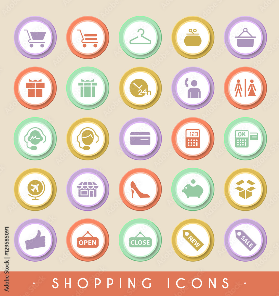 Poster Set of Shopping Icons on Circular Colored Buttons. Vector Isolated Elements.