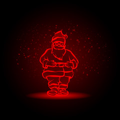Red glowing Santa Claus character on a black background. Neon Santa on a snowy background. Vector Christmas illustration.