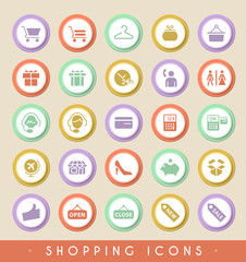Set of Shopping Icons on Circular Colored Buttons. Vector Isolated Elements.