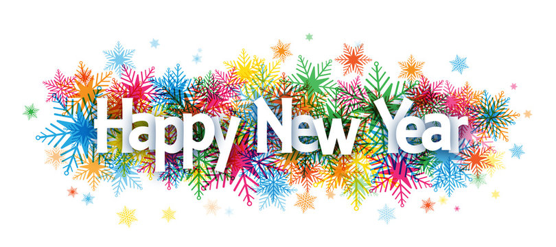 HAPPY NEW YEAR multicoloured snowflakes banner