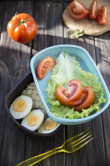 
healthy food in the container - rice, eggs, vegetables