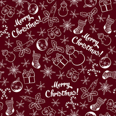 Bicolour christmas background. Seamless pattern with xmas symbols and inscription "Merry Christmas". Snowman, berry, candle, snowflake, bauble, gift box, sock, candy cone. Vector illustration.