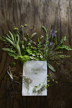 Fresh herb cuttings in white paper bag